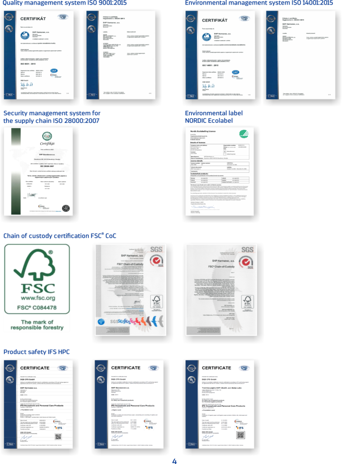 Certifications - paper hygiene production